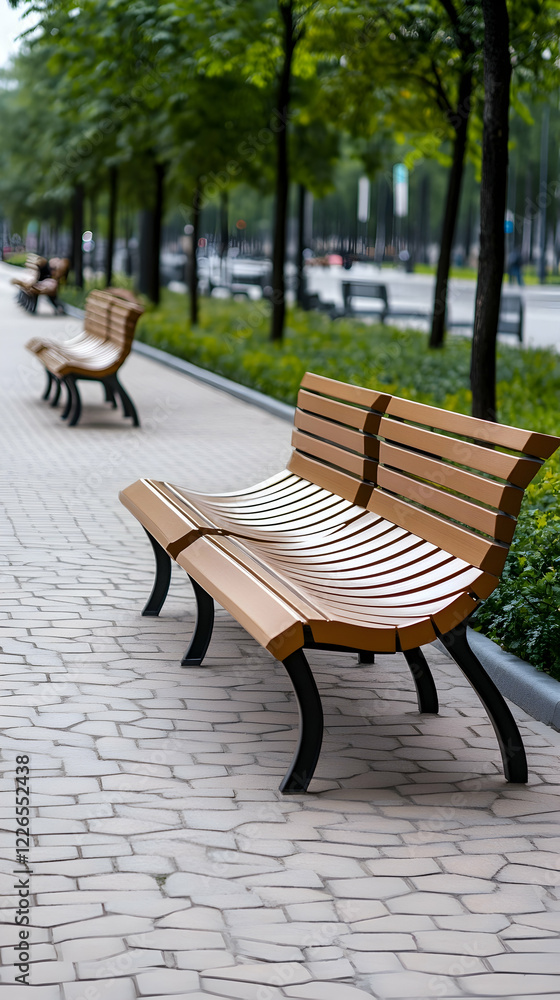 Empty park benches on paved pathway, lush greenery background, peaceful urban scene, ideal for relaxation or travel brochures Empty park benches on paved pathway, lush greenery background, peaceful urban scene, ideal for relaxation or travel brochures
