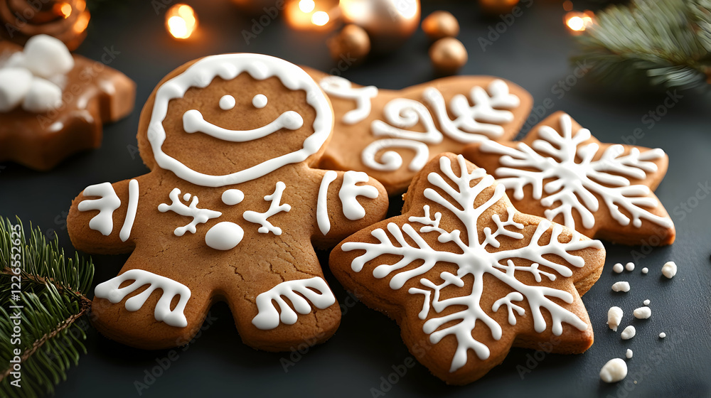 Festive gingerbread cookies on dark surface, Christmas lights background, holiday baking, food photography Festive gingerbread cookies on dark surface, Christmas lights background, holiday baking, food photography