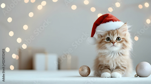 Festive kitten in Santa hat, Christmas lights background, holiday gifts, perfect for greeting cards photo