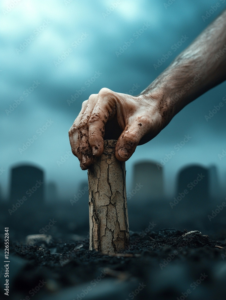 Hand placing a wooden marker in a graveyard at dusk Hand placing a wooden marker in a graveyard at dusk