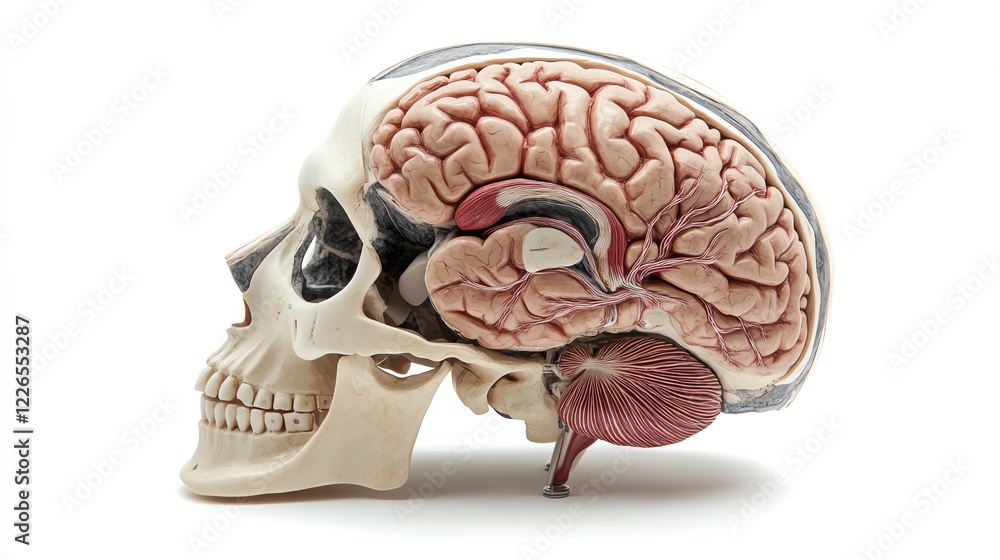 A human skull crosssection model, showing brain cavities, sinuses, and cranial nerves, used for neurology study, isolated on white background A human skull crosssection model, showing brain cavities, sinuses, and cranial nerves, used for neurology study, isolated on white background