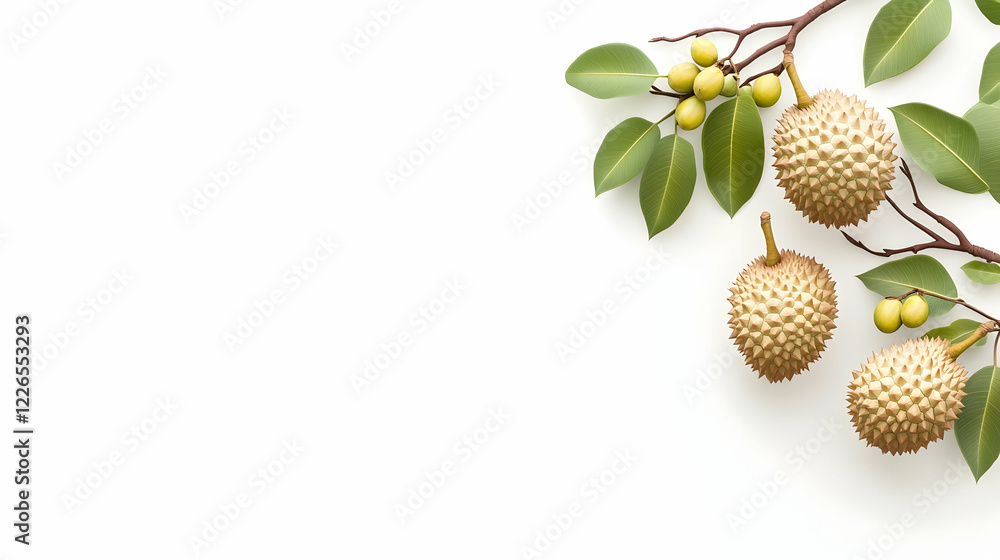 Golden durian fruit branch, white background, copy space, tropical food design Golden durian fruit branch, white background, copy space, tropical food design