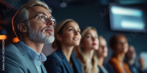 Business professionals engaged in an important presentation during a conference in a modern venue