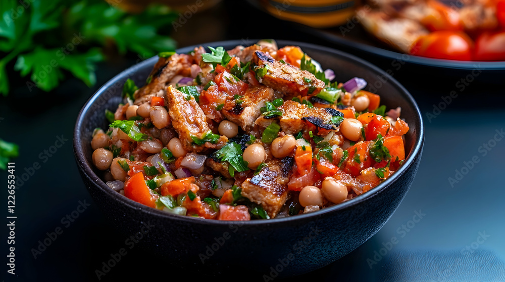 Grilled chicken and white bean salad with tomatoes and parsley. Delicious summer meal Grilled chicken and white bean salad with tomatoes and parsley. Delicious summer meal
