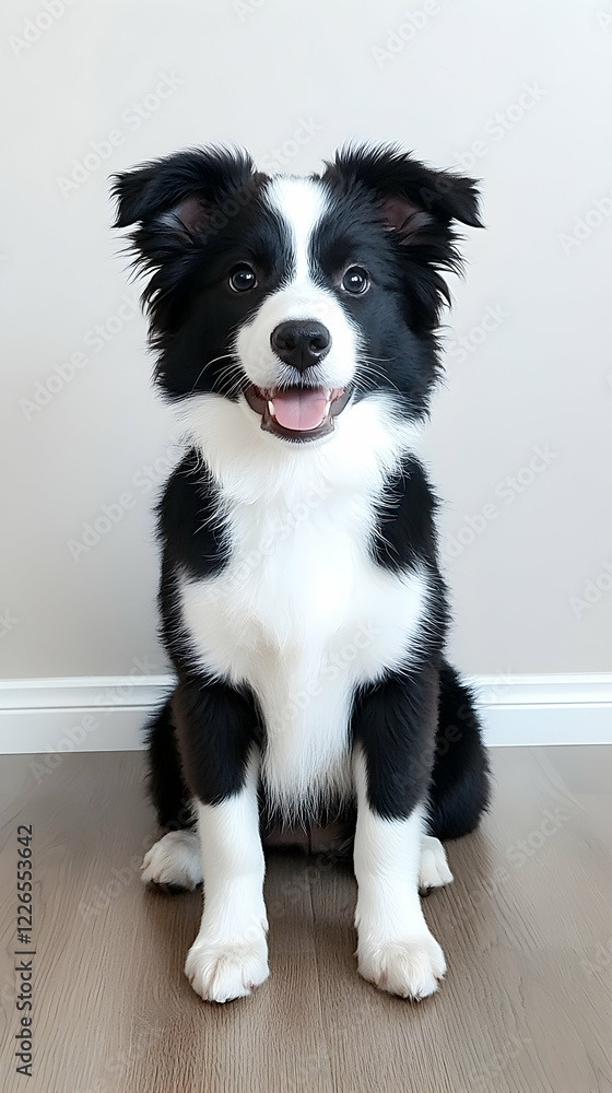 Fototapeta premium Happy puppy sitting indoors, hardwood floor background, pet portrait, perfect for websites or greeting cards