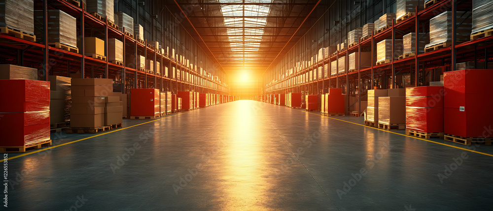 Fototapeta premium Sunset Warehouse Interior, Boxes, Logistics