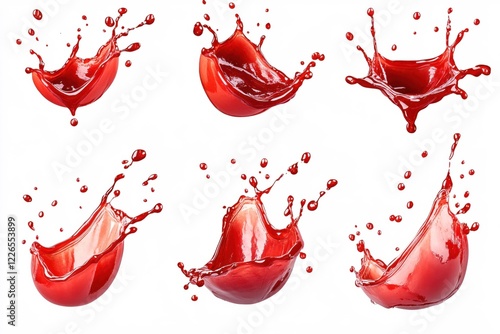 Dynamic red liquid splash collection on a white background creating abstract shapes and patterns