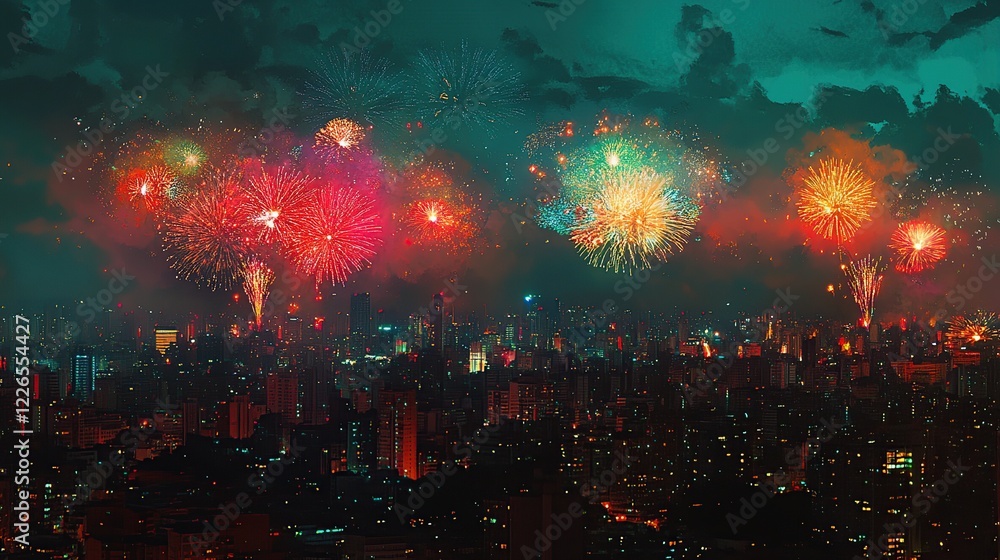 Obraz premium Cityscape fireworks display night celebration