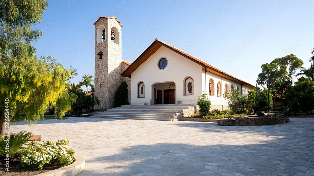 Fototapeta premium Mediterranean church courtyard, sunny day, landscaping, peaceful