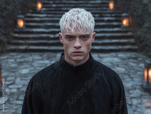 Mysterious man with short white hair in dark clothing