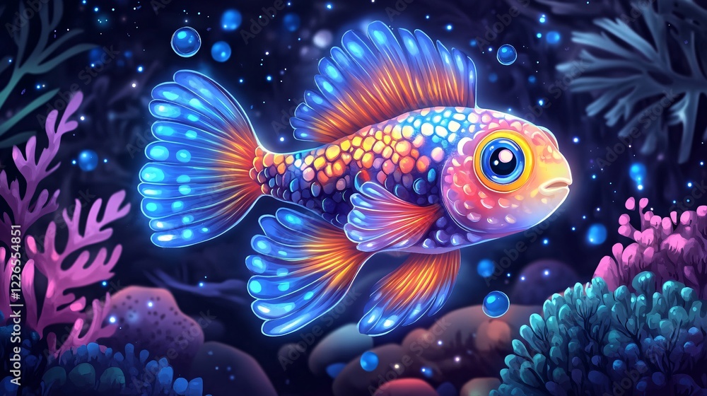A vector illustration of a cheerful bubblefish with glowing fins, swimming in a magical underwater world. A vector illustration of a cheerful bubblefish with glowing fins, swimming in a magical underwater world.
