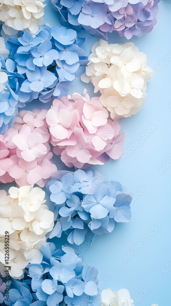 Pastel hydrangeas arranged on blue background; floral design for cards or websites Pastel hydrangeas arranged on blue background; floral design for cards or websites