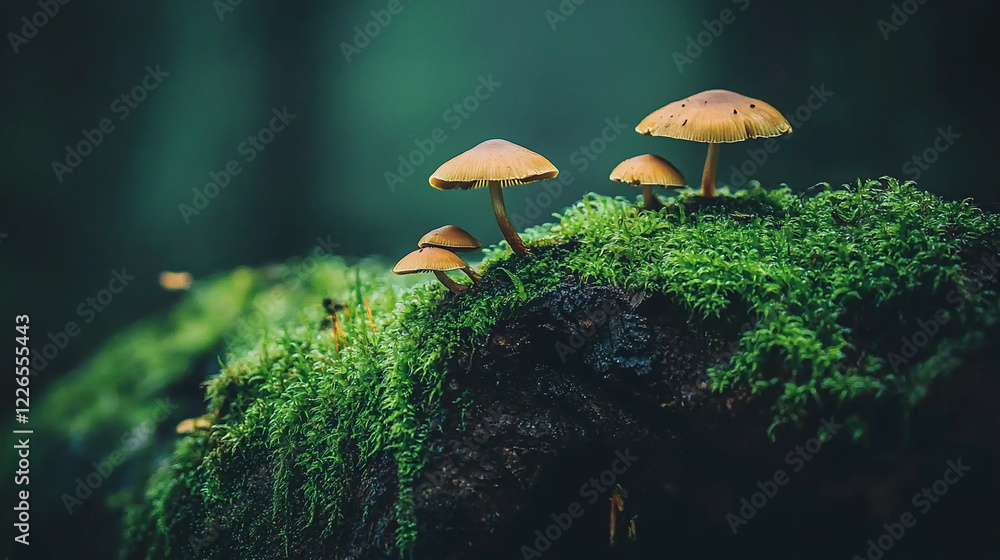 Fototapeta premium A serene forest scene featuring vibrant mushrooms growing on a moss-covered log, surrounded by greenery