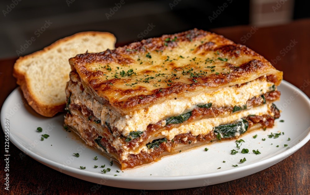 Delicious spinach and ricotta lasagna with a side of bread Delicious spinach and ricotta lasagna with a side of bread