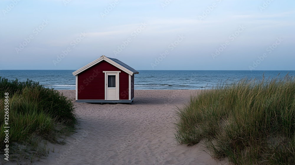 Red beach house, serene ocean view, dunes, summer evening, travel postcard Red beach house, serene ocean view, dunes, summer evening, travel postcard