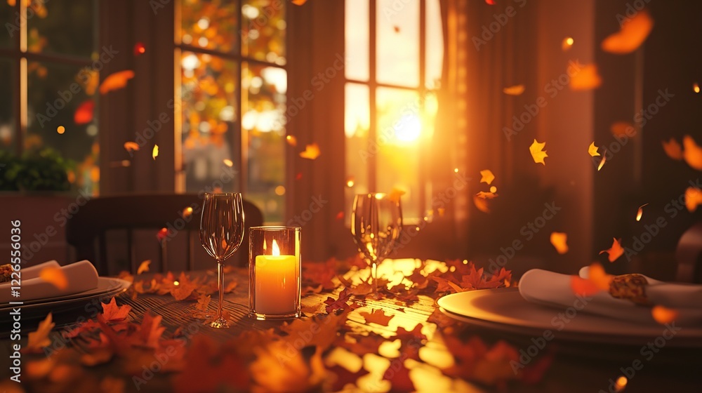 Obraz premium Autumnal sunset dinner table setting, leaves falling