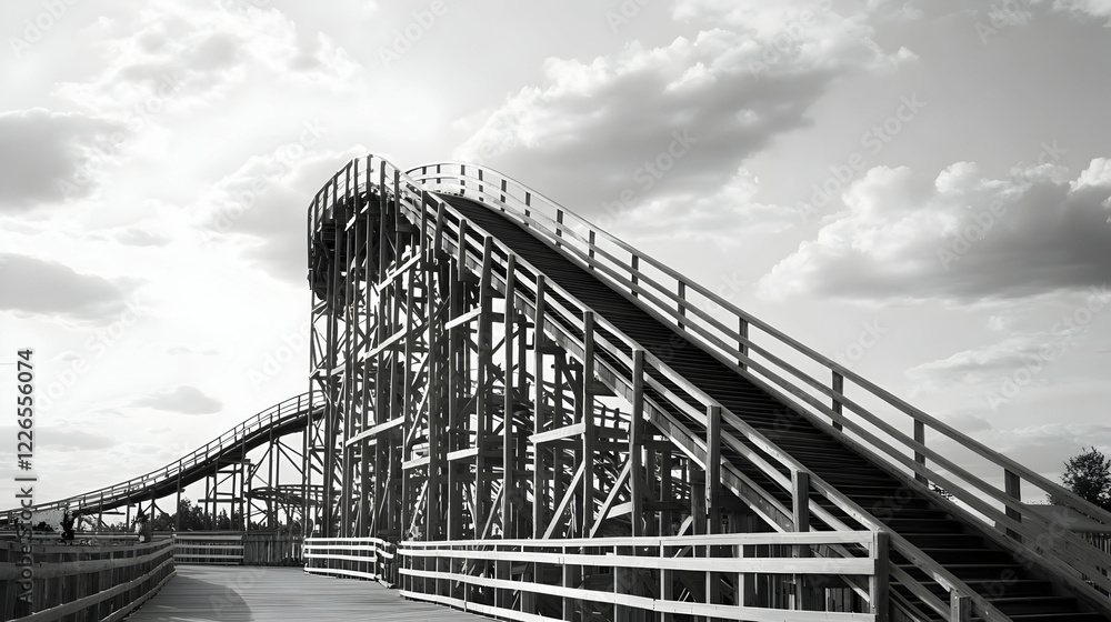 Fototapeta premium Rollercoaster ascending, cloudy sky, amusement park, thrill ride