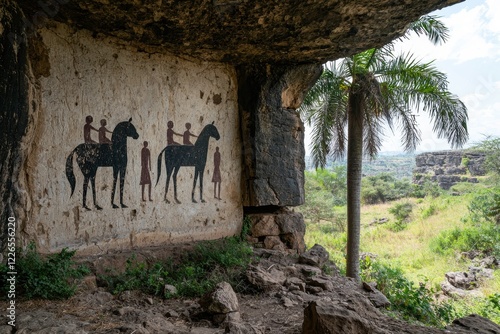 Ancient cave painting of people riding horses photo