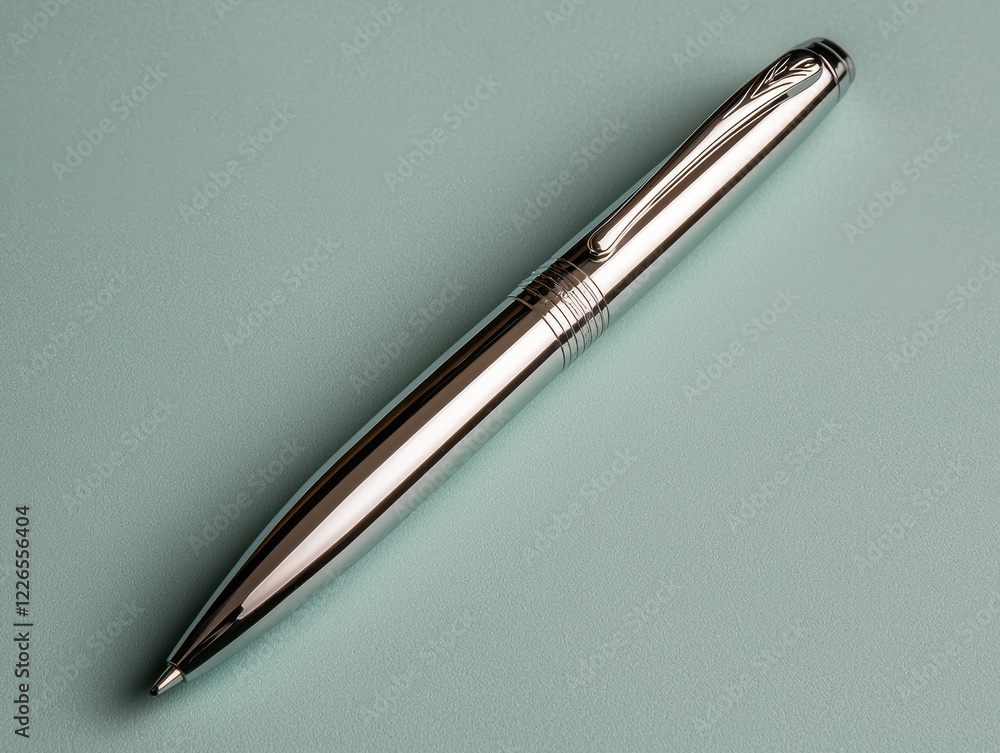 Sleek silver pen on a light blue background Sleek silver pen on a light blue background