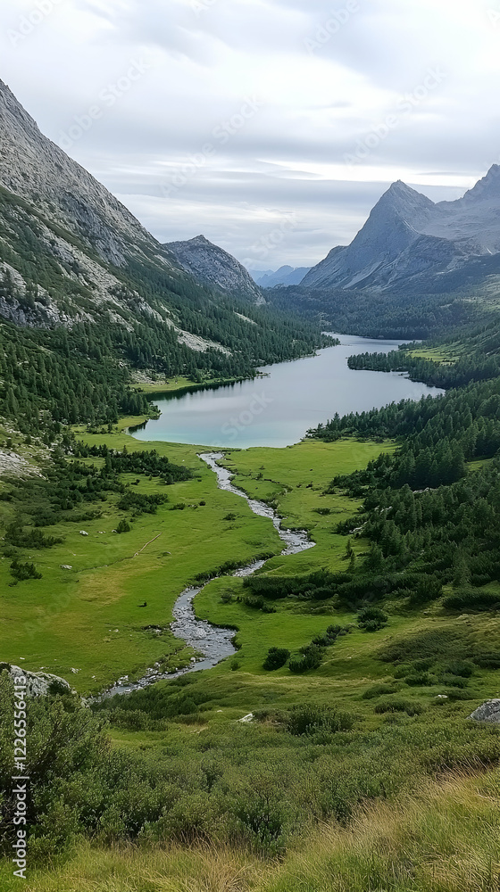 Fototapeta premium Serene mountain lake, valley vista, green meadows, cloudy sky; ideal for travel brochures