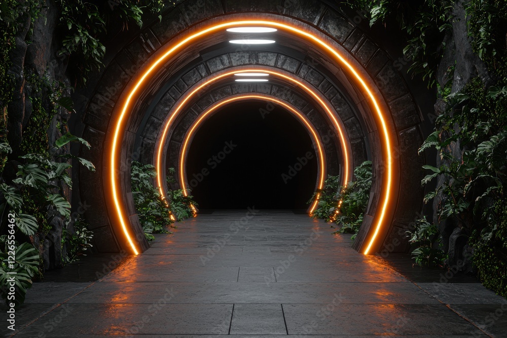 Obraz premium Futuristic tunnel with neon lights and lush greenery