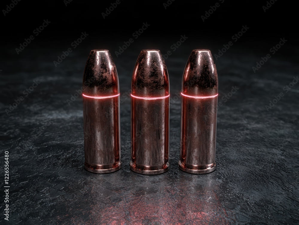 Three copper bullets with red glowing lines on a dark background Three copper bullets with red glowing lines on a dark background