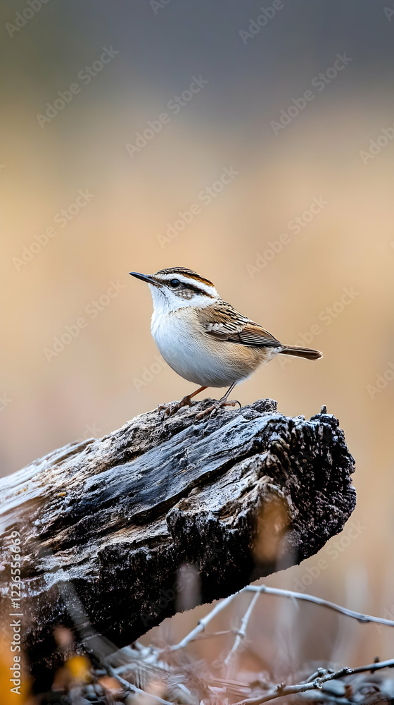 Obraz premium Small bird perched on weathered log, autumnal background, wildlife photography, nature website