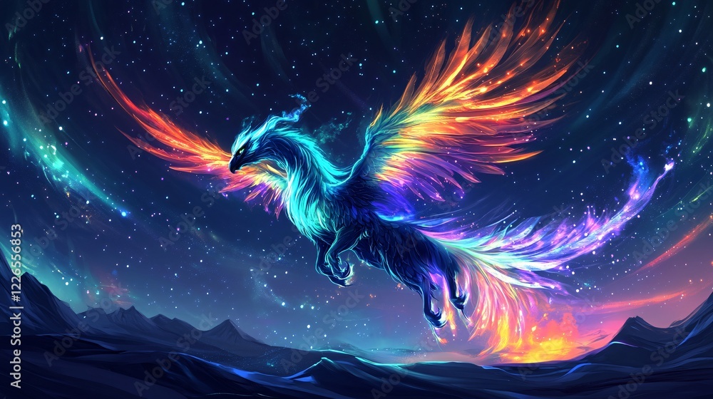 A vector illustration of a glowing aurora griffin with radiant wings, flying under the northern lights. A vector illustration of a glowing aurora griffin with radiant wings, flying under the northern lights.