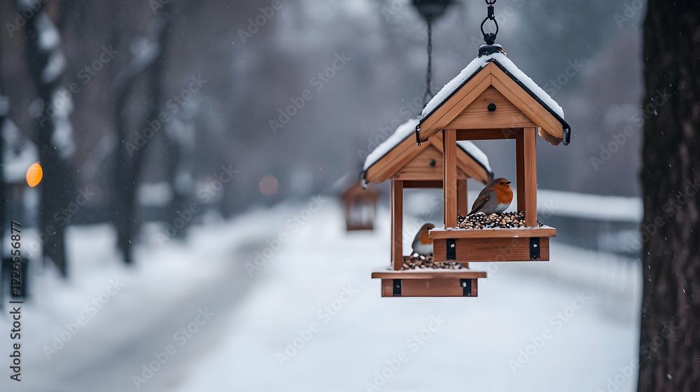 Snowy park path, two robins feeding at bird feeders, winter scene Snowy park path, two robins feeding at bird feeders, winter scene