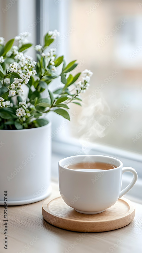 Steaming teacup beside flowering plant on windowsill, natural light, calm atmosphere, ideal for relaxation imagery Steaming teacup beside flowering plant on windowsill, natural light, calm atmosphere, ideal for relaxation imagery