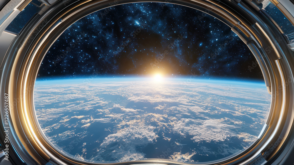 stunning view of Earth from spacecraft window, showcasing sunrise over horizon stunning view of Earth from spacecraft window, showcasing sunrise over horizon