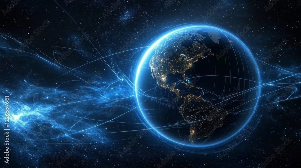Fototapeta premium Global Network Illuminated Earth with Energetic Lines, Digital Art, Space, Technology Global Connectivity, Network Visualization