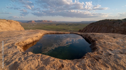 A still pond reflects the sky and clouds in a desert landscape.