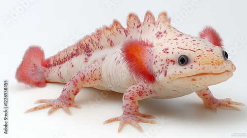 Albino axolotl on white background, studio shot photo