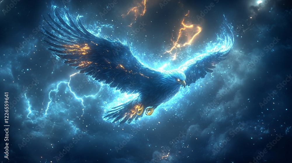 Fototapeta premium A vector illustration of a glowing storm eagle with shimmering wings, flying in an enchanted lightning storm.