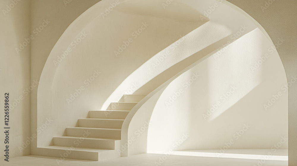 Obraz premium Modern Minimalist Cream Staircase Architecture Interior Design home room wall calm white light house