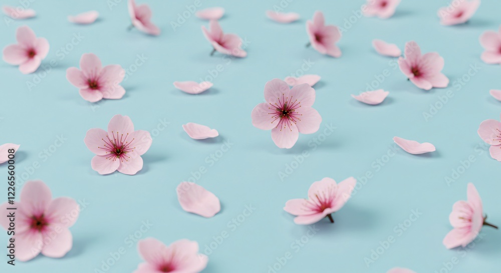 Delicate pink cherry blossoms and petals float on a soft blue background, creating a dreamy and serene floral composition. Delicate pink cherry blossoms and petals float on a soft blue background, creating a dreamy and serene floral composition.