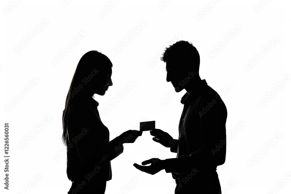 Silhouette of a Man and Woman Exchanging a Business Card: A Minimalist Black and White Image Silhouette of a Man and Woman Exchanging a Business Card: A Minimalist Black and White Image