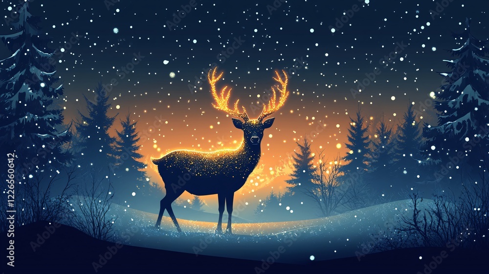 A vector illustration of a glowing frost deer with shimmering antlers, standing in a frosty enchanted forest. A vector illustration of a glowing frost deer with shimmering antlers, standing in a frosty enchanted forest.