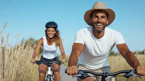 Wallpaper Mural Couple riding bicycles together on sunny day in scenic landscape, enjoying life Torontodigital.ca