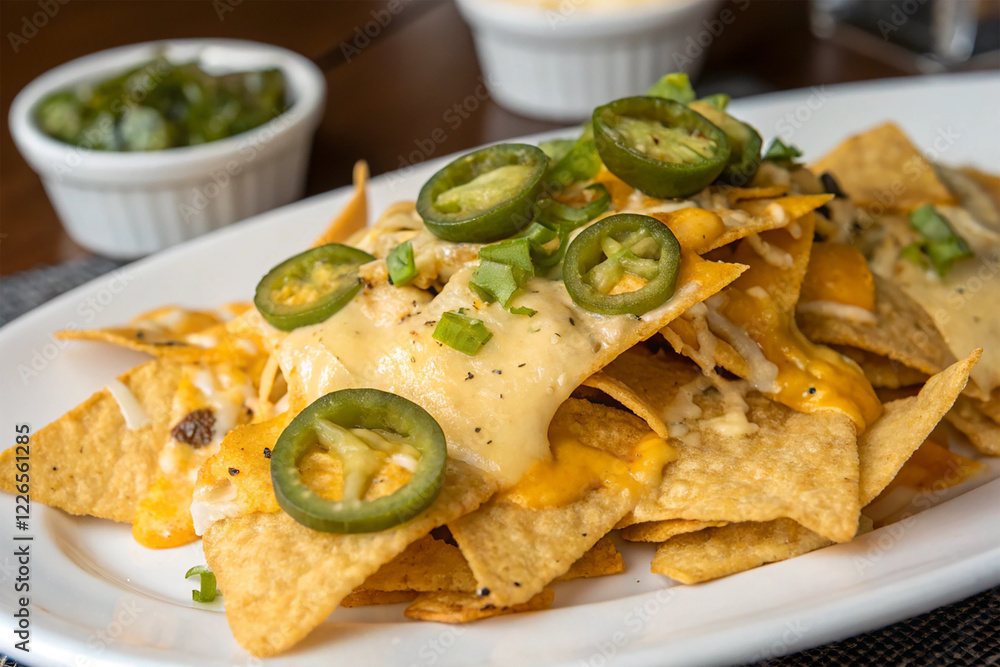 A plate of nachos with melted cheese and jalapeños A plate of nachos with melted cheese and jalapeños