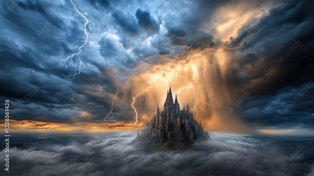 crumbling castle surrounded by storm clouds and lightning, evoking mystery and drama crumbling castle surrounded by storm clouds and lightning, evoking mystery and drama