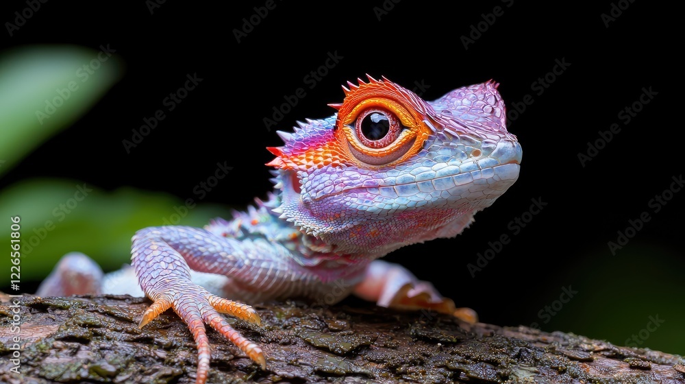 Fototapeta premium Vibrant lizard on branch, rainforest background, wildlife photography, nature documentary