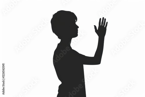 A monochromatic silhouette of a woman raising her hand in a graceful gesture against a clean white background. This minimalist artwork is a study in form and shape, creating a visually striking image.