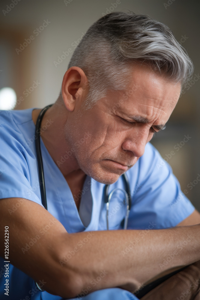 Young serious overworked, male mature health care worker sitting looking down very sad Young serious overworked, male mature health care worker sitting looking down very sad