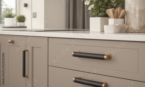 A set of mocha mousse drawer handles shaped into elongated cylinders with matte finishes and gold-tipped ends. Mounted on sleek photo