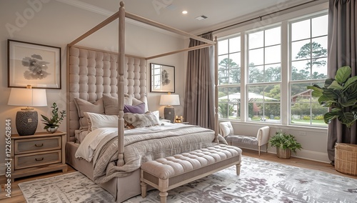 This welldecorated bedroom features a luxurious canopy bed and stylish decor, enhanced by natural light photo