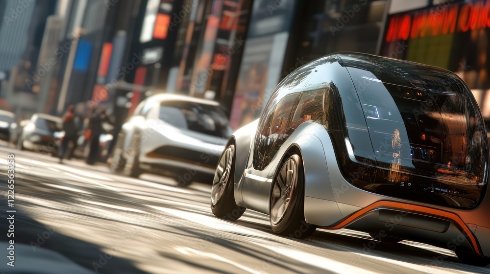 Fototapeta premium Driverless electric vehicles with futuristic designs, seamlessly cruising through urban traffic