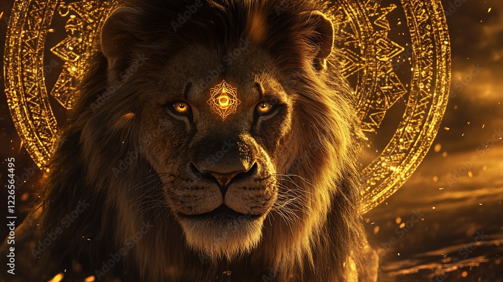 Naklejka premium Majestic lion with a third eye, surrounded by golden mystical symbols.