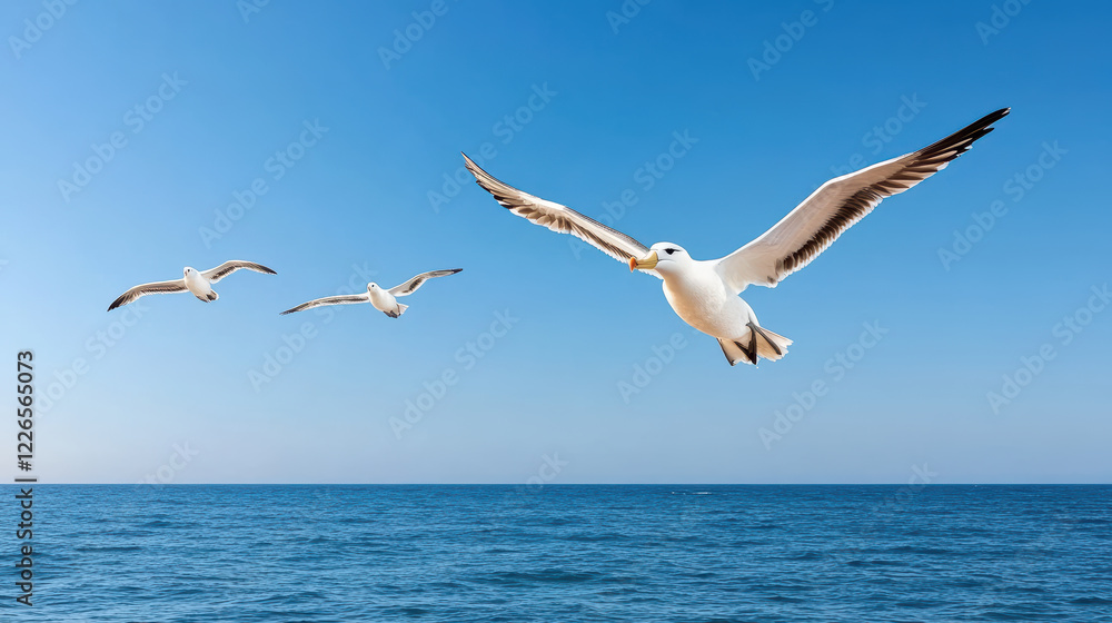 Flying birds over ocean create serene and dynamic scene Flying birds over ocean create serene and dynamic scene